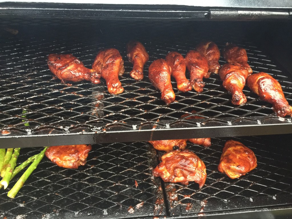 Smoking Chicken and asparagus on a new 60 Lang BBQ Smoker cooker