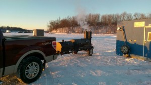 60 Lang BBQ smoker-Deluxe setup on ice TEMP is 5 degrees Fahrenheit